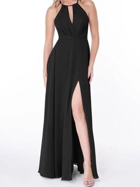 Azazie Black Denver Halter Keyhole Formal Maxi Dress with Leg Slit